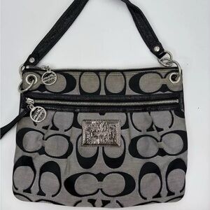 Coach Poppy Glam Black Gray Signature Jacquard Tote Shoulder Bag Silver